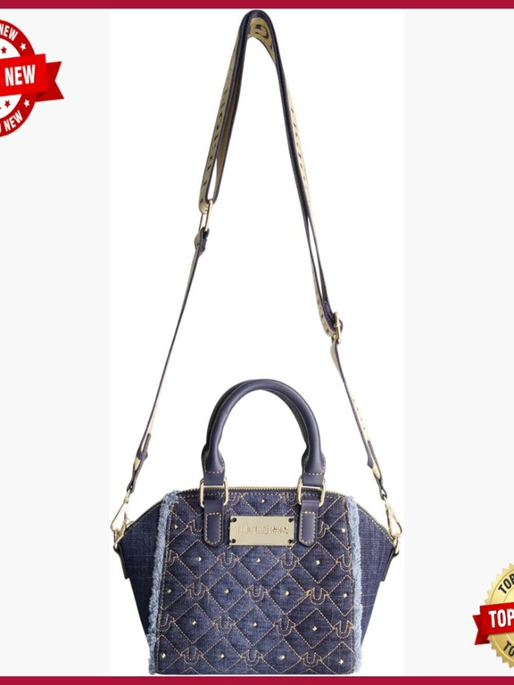 Quilted Denim Satchel Crossbody Bag Adjustable Strap Spacious Compartment